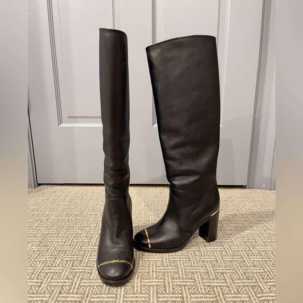 Pre-owned CHANEL Black Over the Knee Boots with Gold Accent